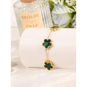Women's Four-Leaf Jade Green Clover Bracelet Stainless Steel 18K Gold